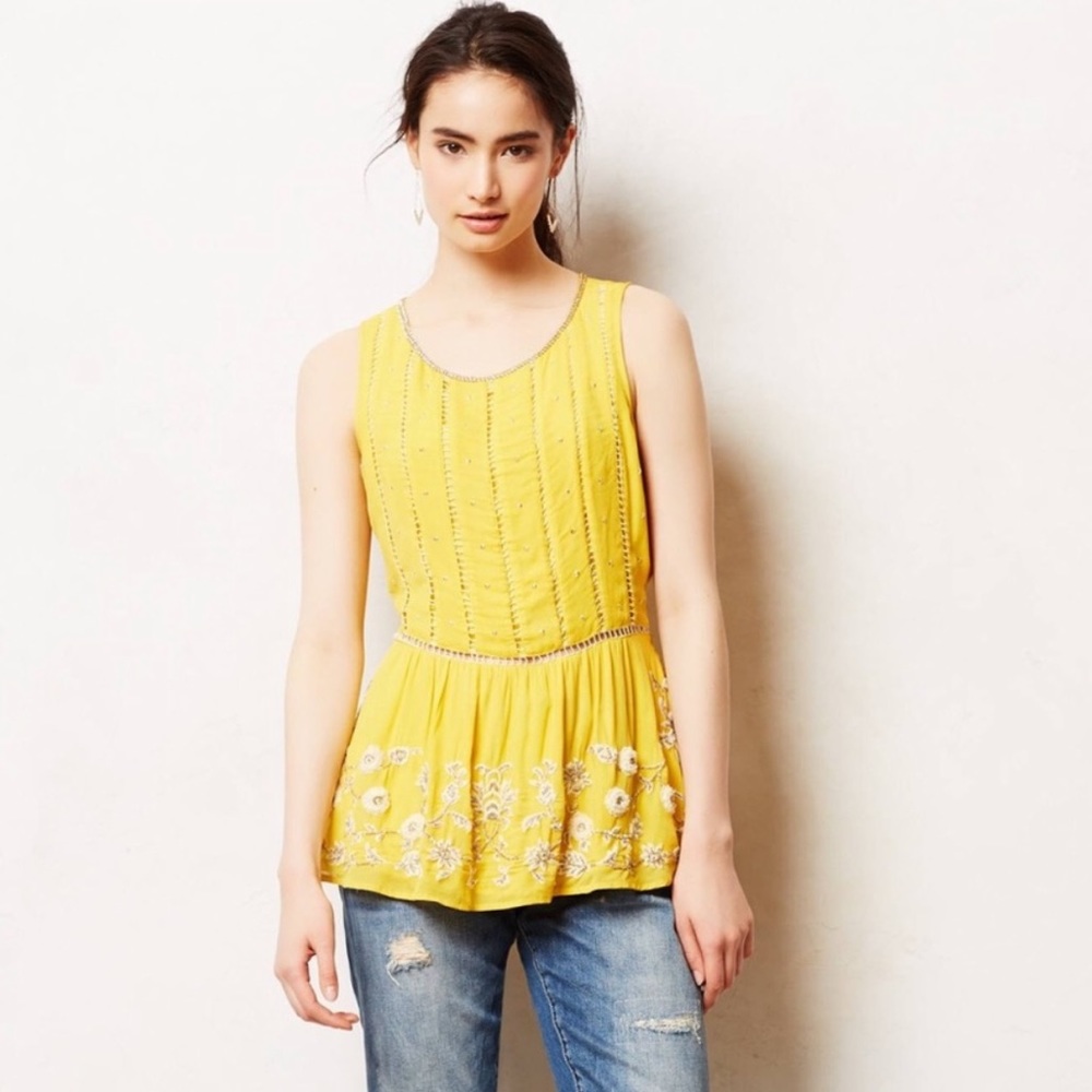 Maeve | Calendula Peplum Yellow Beaded Blouse